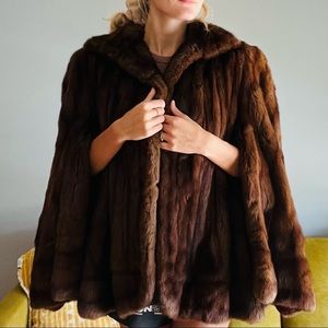 Authentic Real Mink Fur Coat Cape Style Split Sleeve with Detachable Neck Warmer